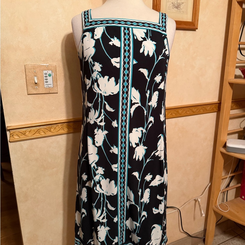 Mary McFadden Black Dress with White Floral and Teal Trim